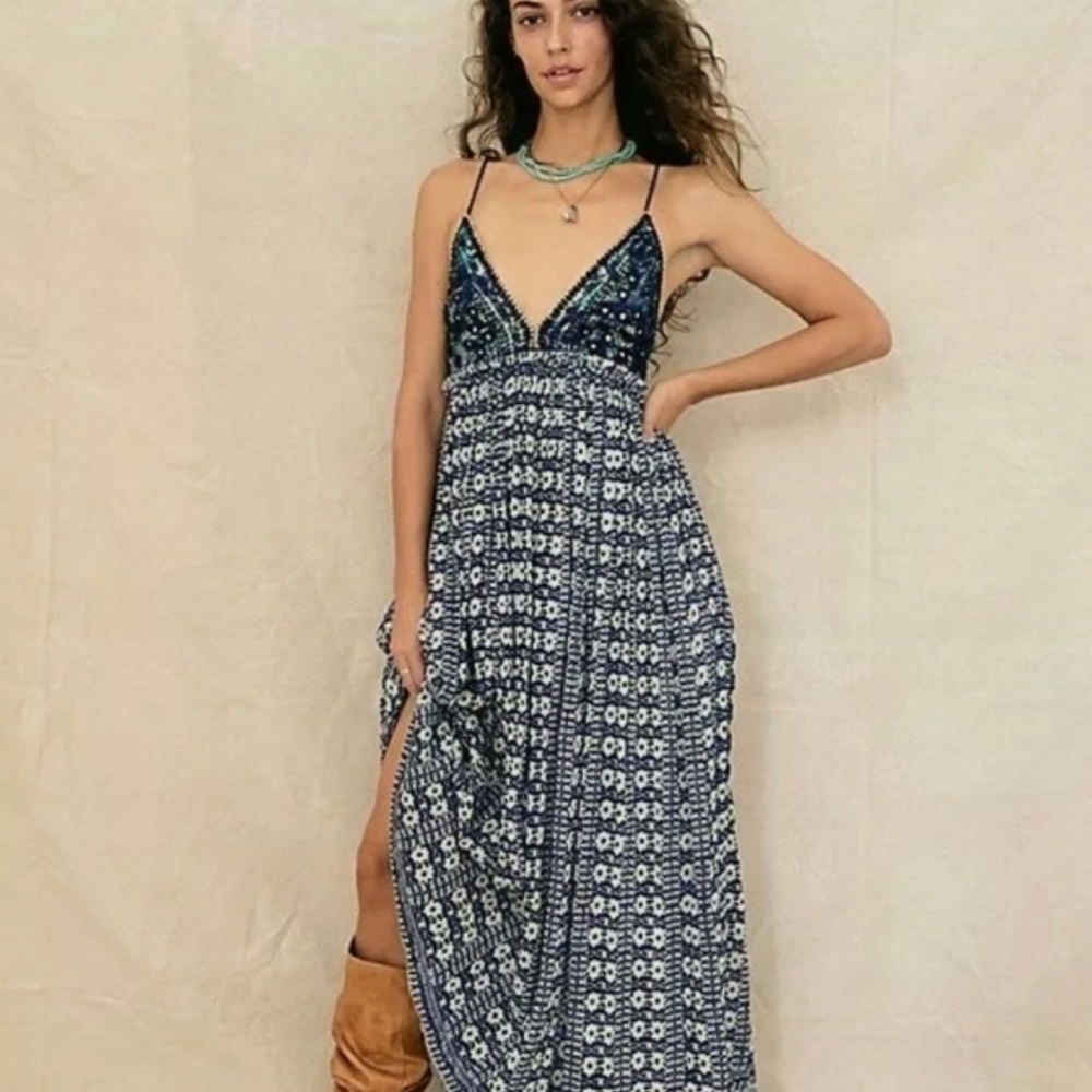 FREE PEOPLE GOOD VIBES EMBELLISHED MAXI DRESS L
